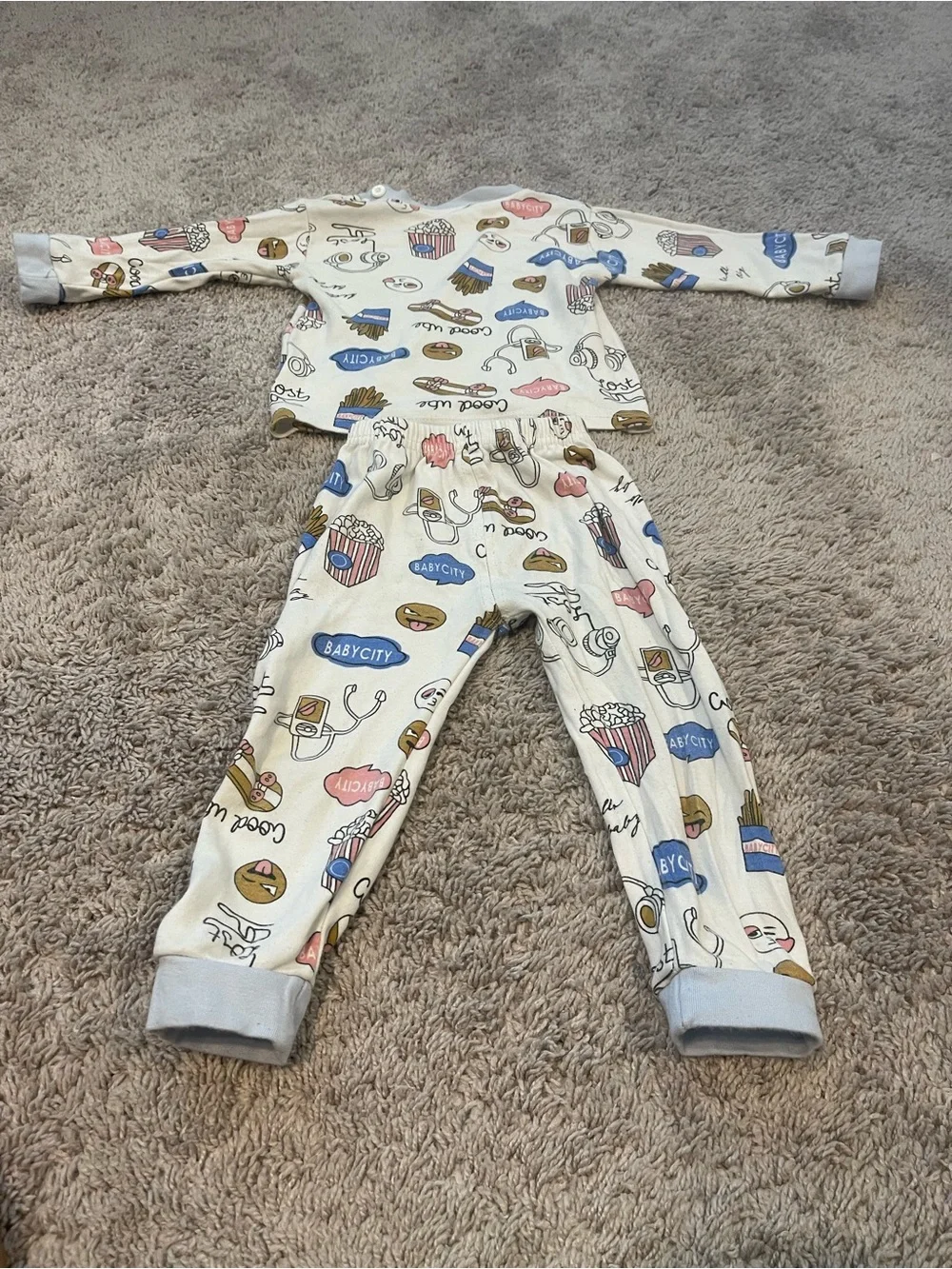 Cream Kids Pajama Set with Snack Print